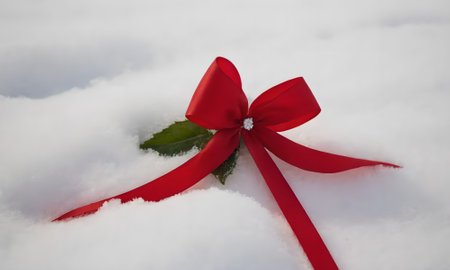 Red bow on a white snow with green leaves and copy space.の写真素材