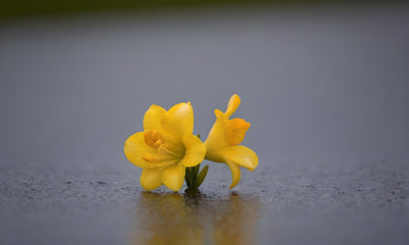 Yellow crocus flower on a gray background with reflection, closeup