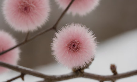 pink flowers on a tree branch in the snow in the winterの写真素材