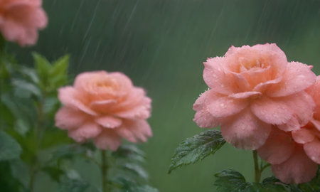 Close-up of pink roses in the rain on a blurred backgroundの写真素材