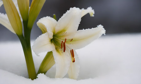 Beautiful white lily flower in the snow, close-upの写真素材