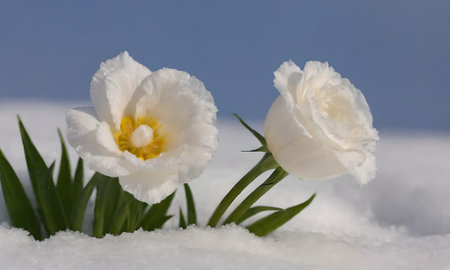 White tulips in the snow on a background of blue sky.の写真素材