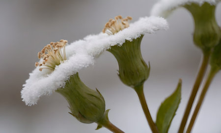 Flowers covered with white snow in winter. Close-up.