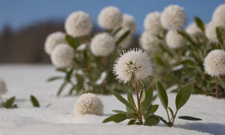 White dandelions in the snow on a background of blue sky