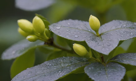 Flower with water droplets on its leaves after rainの写真素材