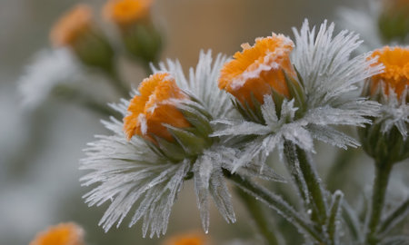 flowers in hoarfrost, close-up, macro photoの写真素材