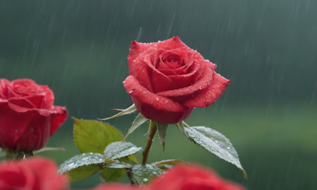 Beautiful red rose with rain drops on the background of the gardenの写真素材
