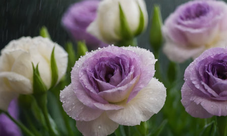 purple and white eustoma flowers with water droplets on petalsの写真素材