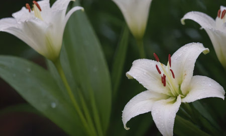 White lily flowers with rain drops on the petals and green leavesの写真素材