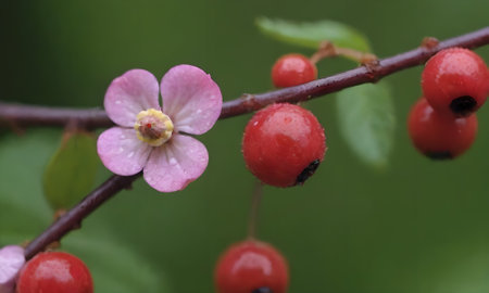 Hawthorn branch with red berries and green leaves, macro photography
