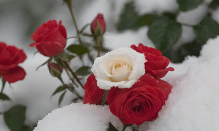 Red and white roses in the snow. Shallow depth of field.の写真素材