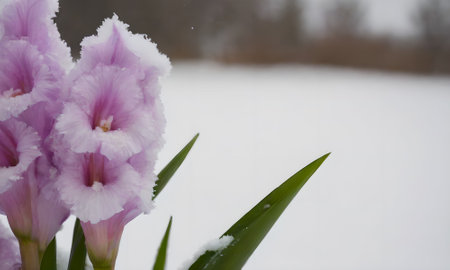 gladiolus in the snow on a background of winter landscapeの写真素材