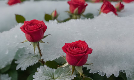 Red roses in the snow. Beautiful red roses in the snow.の写真素材