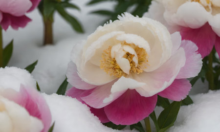 Peony flower in the snow. Peony flowers in the snow.の写真素材