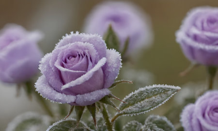Close-up of a purple rose covered with hoarfrost.の写真素材
