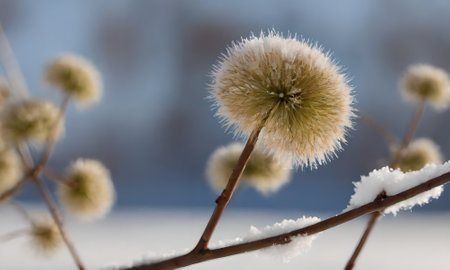 fluffy grass in the snow in winter, close-up, macro