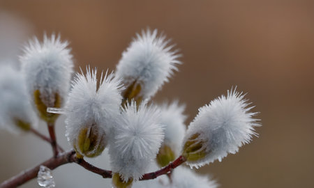Close up of pussy willow branch with buds covered with hoarfrost