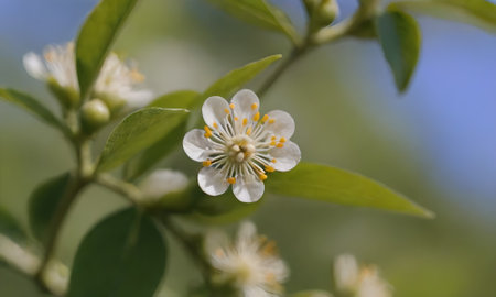 White flowers on the branches of a blossoming tree in spring.の写真素材