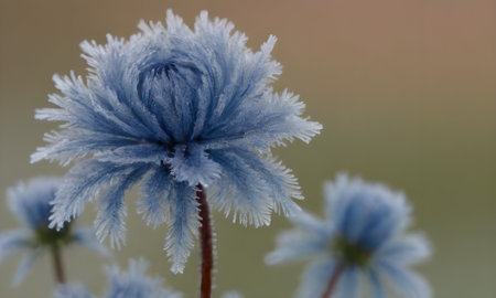 Close up of a blue flower in the frost in the morning.