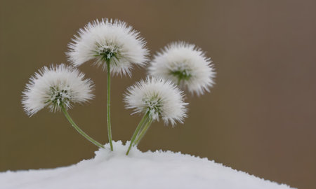 white dandelions in the snow, close-up, macro