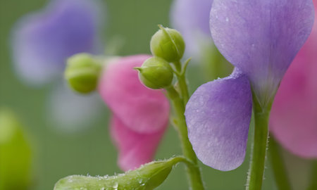 Purple and pink sweet pea flowers with water droplets.の写真素材