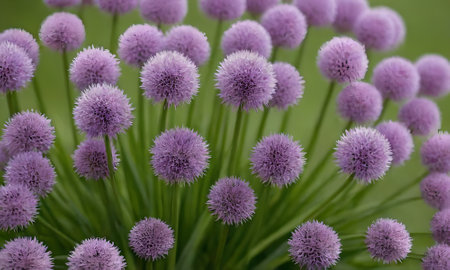 Purple Allium flowers on green background. Close-up.の写真素材