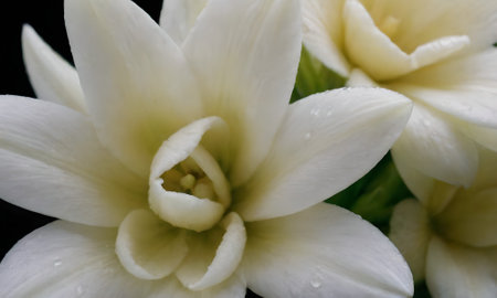 White lily flower on a black background close-up macro photographyの写真素材