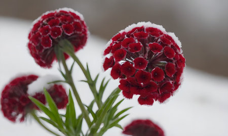 Dianthus chinensis (Indian carnation) in the snowの写真素材
