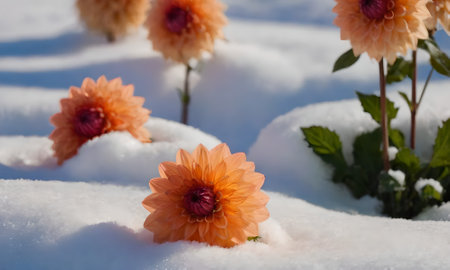Orange dahlia flowers in the snow. Selective focus.
