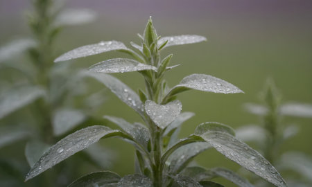Close up of a plant with water droplets on the leaves.