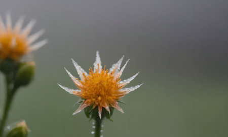 Frost on a flower in the garden. Shallow depth of field.の写真素材