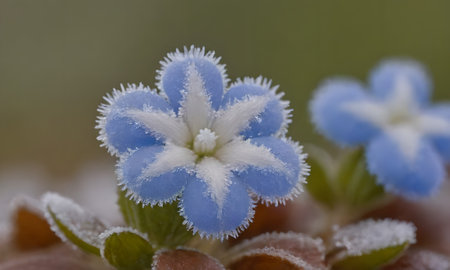 A macro shot of a blue flower with snow on the petals.