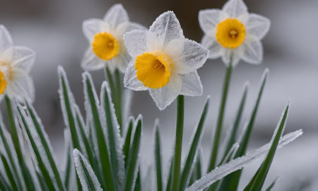 Narcissus flowers covered with hoarfrost in early springの写真素材