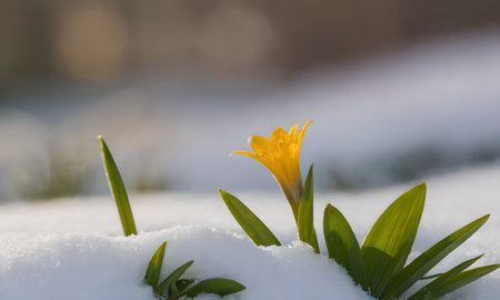 yellow crocus in the snow, close-up, selective focusの写真素材