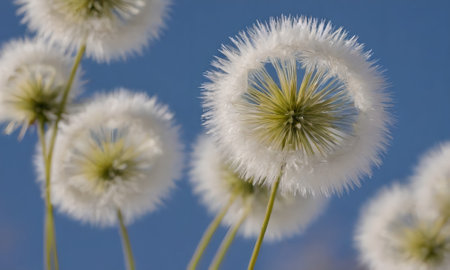 White dandelion flowers on blue sky background. Close-up.