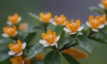 Close up of small yellow flowers with water droplets on petalsの写真素材