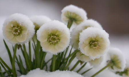 Snowy white flowers in the snow. Selective focus and shallow depth of field.の写真素材