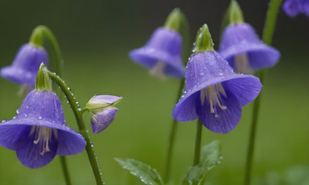 Close up of bluebell flowers with water drops on petals.の写真素材