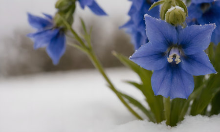 Close up of blue flowers in the snow. Shallow depth of fieldの写真素材