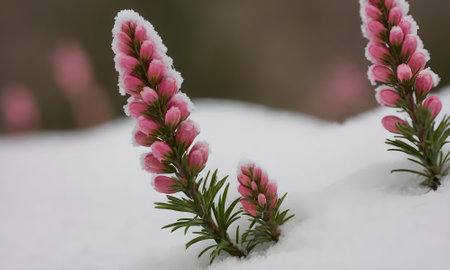 Pink heather flowers in the snow on the background of a blurred forestの写真素材