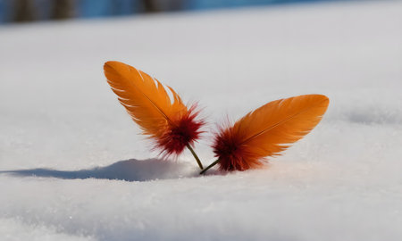 Two orange feathers on the snow in the winter, close-upの写真素材