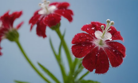 Dianthus chinensis flowers with water drops on blue background.の写真素材