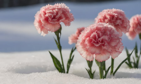 pink carnation flowers on the snow in winter, close upの写真素材