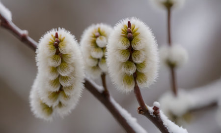 Close up of pussy willow branches with buds covered with snow.の写真素材