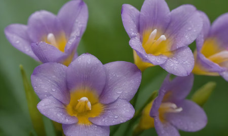 purple crocus flowers with water drops on petals close upの写真素材