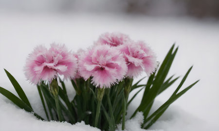 pink carnation flowers in the snow, closeup of photoの写真素材