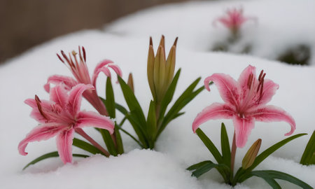 pink lilies in the snow, close-up, selective focusの写真素材