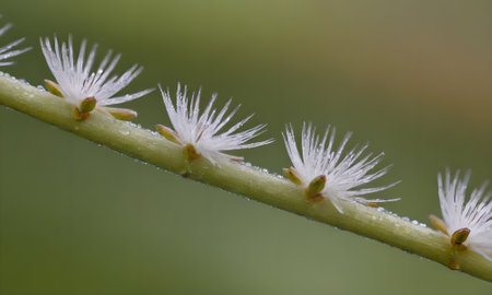 Close up of white flowers on a branch in the rainforest.