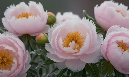 pink peony flowers in the snow, closeup of photoの写真素材