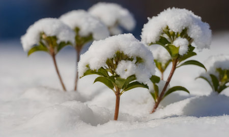 Green plants covered with snow in sunny winter day, shallow depth of fieldの写真素材
